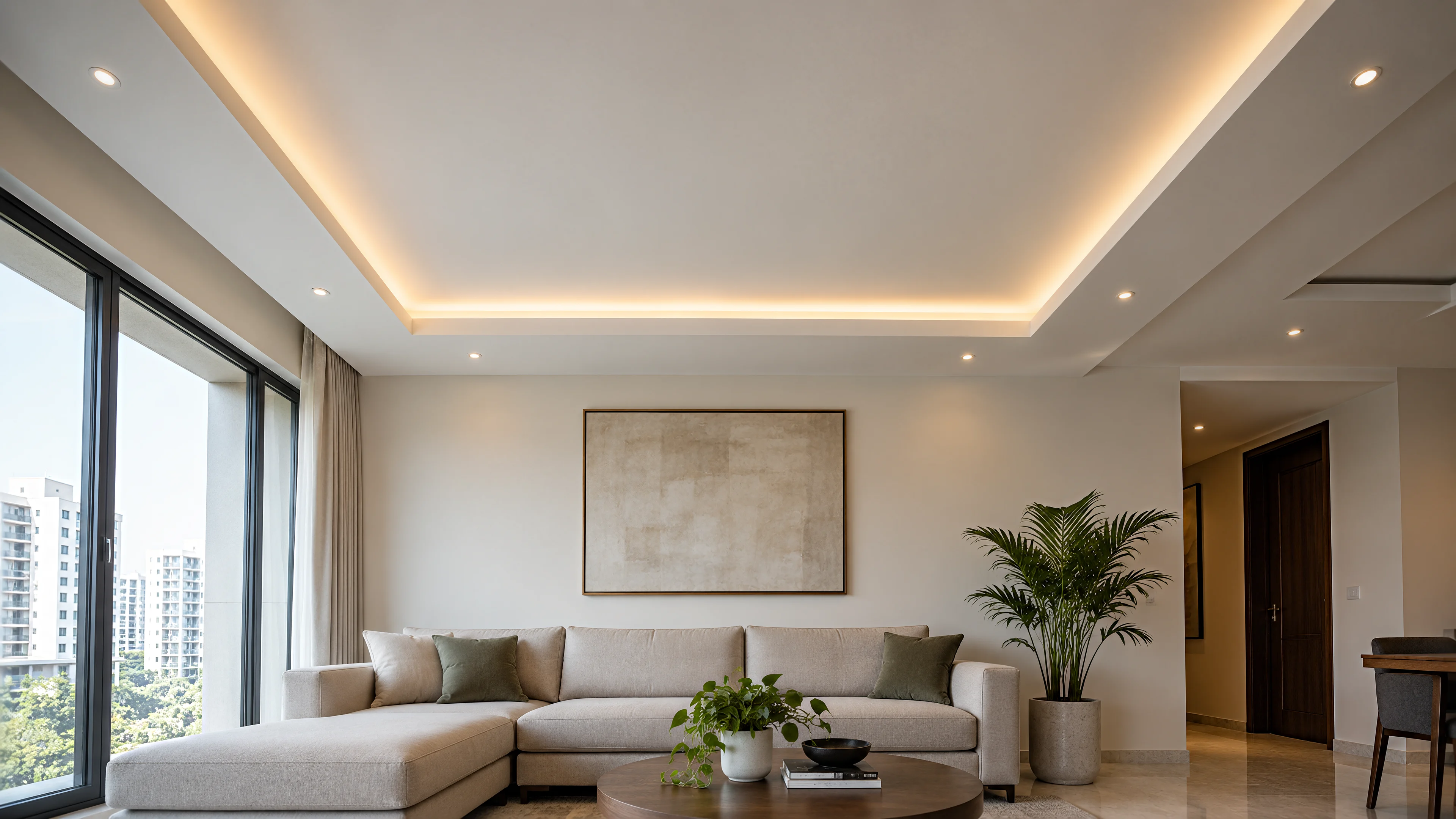 A finished living room: smooth plastered walls and a gypsum board ceiling with cove lighting